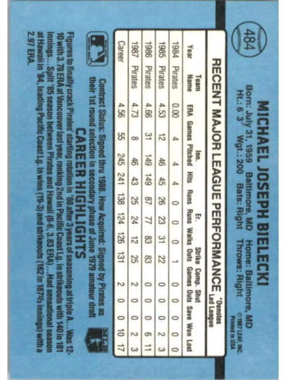 1988 Mike Bielecki Donruss Baseball Card #484